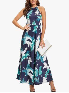 Navy Tropical Halter Maxi Dress with Teal & White Print